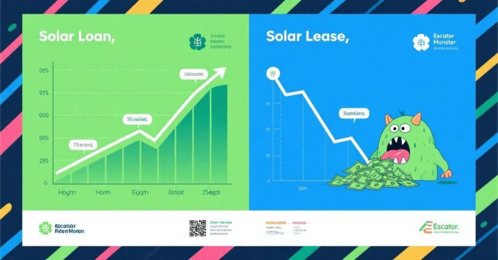 Infographic comparing the 25-year financial results of a solar loan vs a solar lease, showing the loan building wealth and the lease costing more over time.