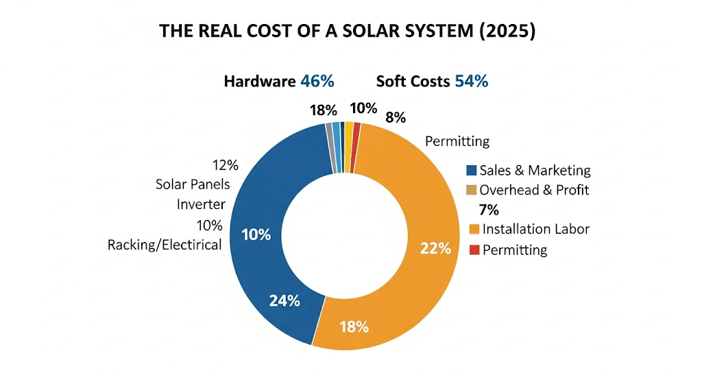 A pie chart breaking down the total cost of a residential solar panel system in 2025.