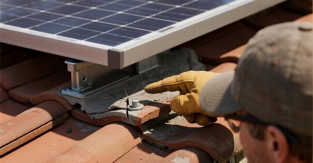 A professional installer inspecting a solar panel installation on a tile roof, pointing out a cracked tile as an example of potential damage.