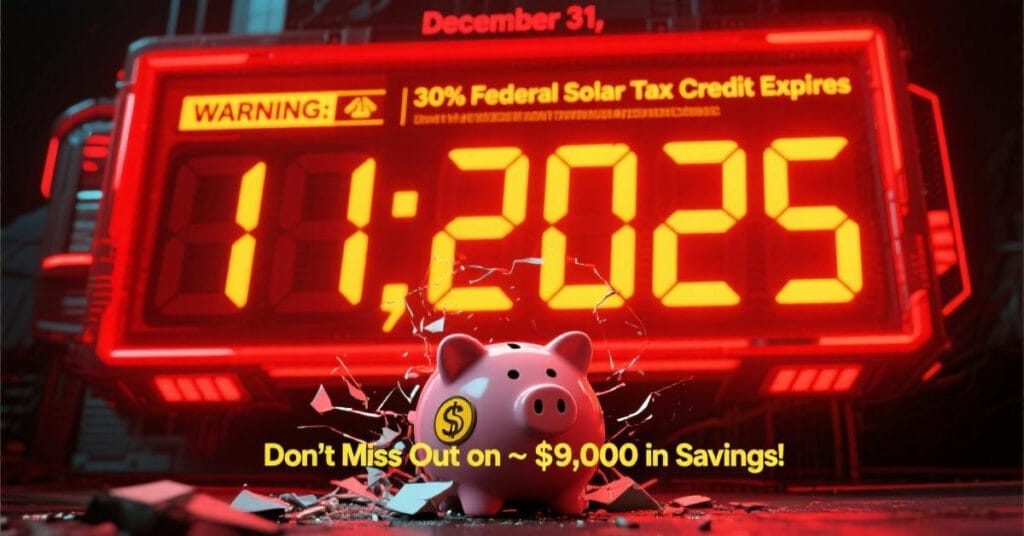 A warning graphic with a countdown timer showing the expiration of the 30% federal solar tax credit on December 31, 2025.