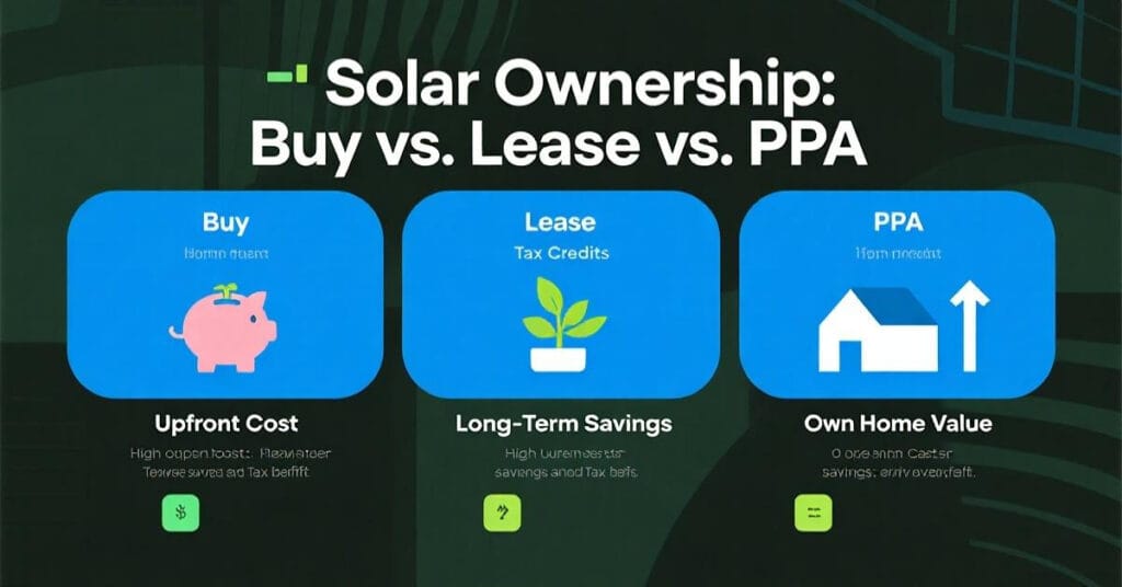 An infographic comparing the pros and cons of buying, leasing, or using a PPA for a solar panel system and their impact on solar power cost.