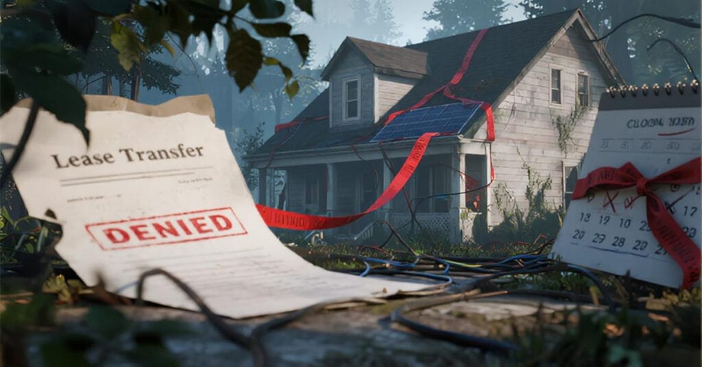 A house tangled in red tape to represent the problems of selling a home with a solar lease, a key issue when comparing a solar loan vs a lease.