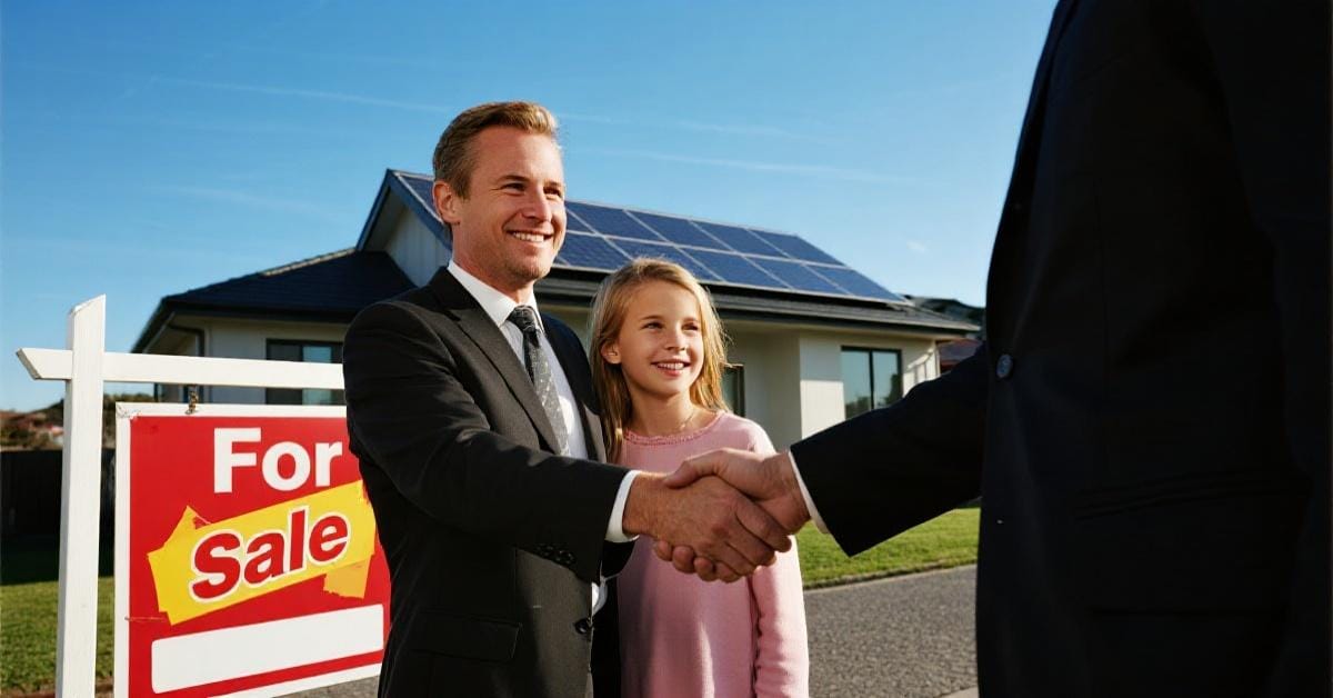 Solar Loan vs. Lease: The 2025 Data That Reveals the $29,000+ Winner 5 A family celebrating the sale of their home, which has solar panels on the roof, illustrating the value increase from a solar loan vs a lease.