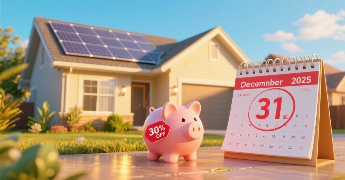 Ultimate Guide to Solar Power Costs in 2025: Seize the Last Chance for the 30% Federal Tax Credit 7 A home with solar panels on the roof, with a calendar showing the December 31, 2025 deadline for the 30% federal tax credit, illustrating the true solar power cost savings.